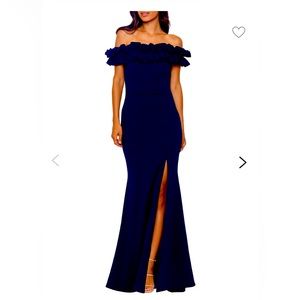 Off the Shoulder Ruffled Navy Evening Gown